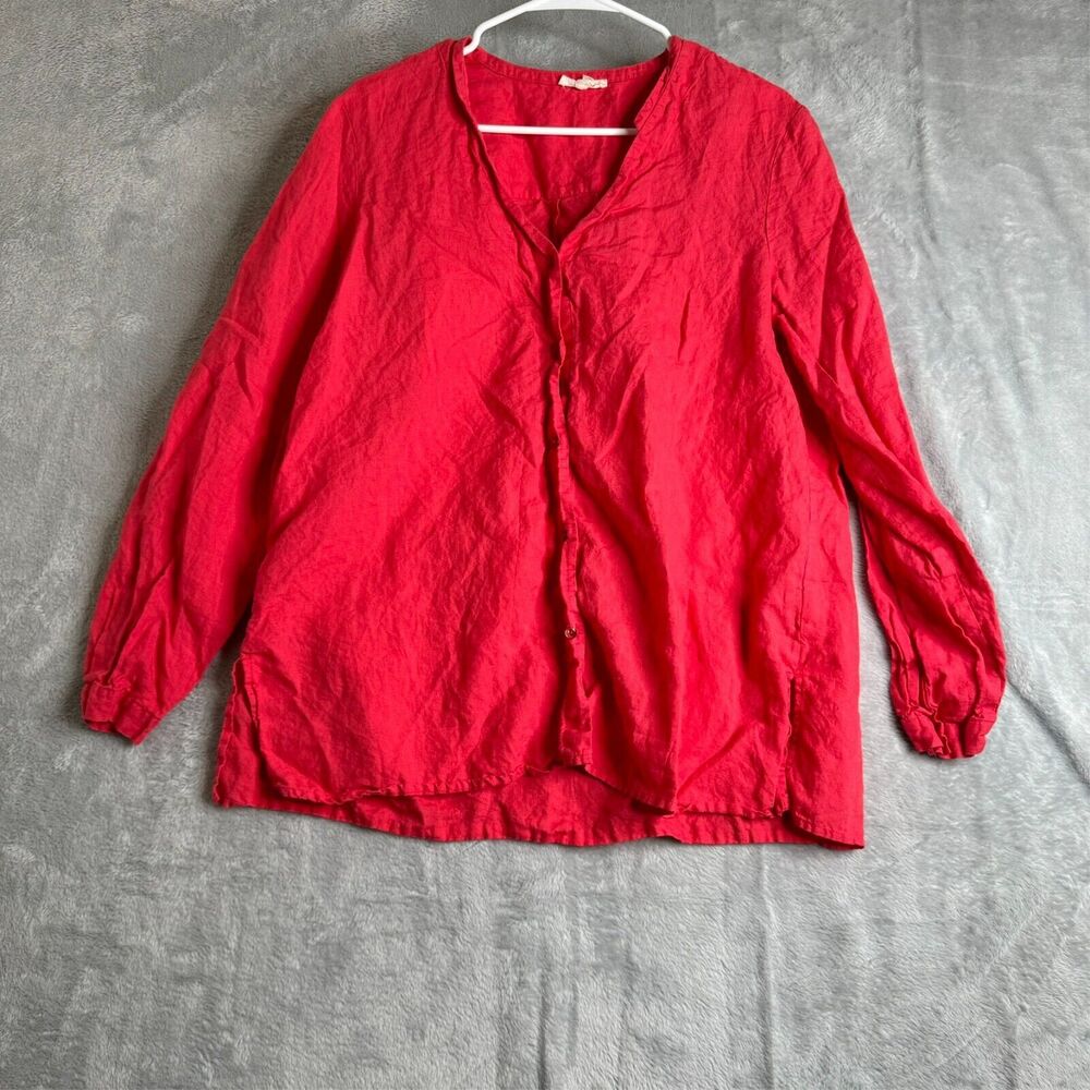 Eileen Fisher Blouse Womens L Red 100 Irish Linen Popover Lagenlook Beach Summer